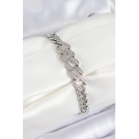 Pirinç Zirkon Taşlı Ezme Küba Zincir Model Gümüş Renk Kadın Bileklik