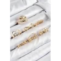 Pirinç Zirkon Taşlı Fiyonk Ve Kalp Model Gold Renk Kadın Yüzük Kombin Set