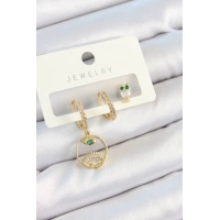 Pirinç Zirkon Taşlı Göz Ve Baykuş Model Gold Renk 3lü Çift Kadın Küpe Set