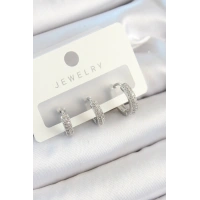 Pirinç Zirkon Taşlı Halka Model Gümüş Renk 3lü Çift Kadın Küpe Set