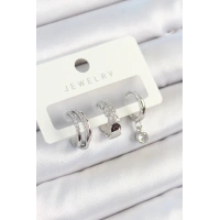 Pirinç Zirkon Taşlı Halka Model Gümüş Renk 3lü Çift Kadın Küpe Set