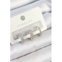 Pirinç Zirkon Taşlı Halka Model Gümüş Renk 3lü Çift Kadın Küpe Set