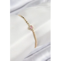 Pirinç Zirkon Taşlı Kalp Model Ezme Zincir Gold Renk Kadın Bileklik