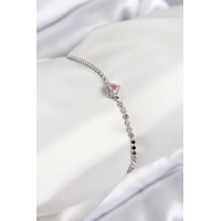 Pirinç Zirkon Taşlı Kalp Model Ezme Zincir Gümüş Renk Kadın Bileklik