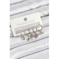 Pirinç Zirkon Taşlı Karpuz Yonca Kalp Pusula Karışık Model Gümüş Renk 6lı Set Kadın Küpe