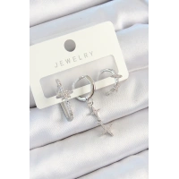 Pirinç Zirkon Taşlı Kelebek Ve Sallantılı Yıldız Model Gümüş Renk 3lü Çift Kadın Küpe Set