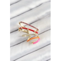 Pirinç Zirkon Taşlı Kırmızı Turuncu Pembe Sıkıştırma Sağ Kıkırdak Gold Renk Kadın Küpe