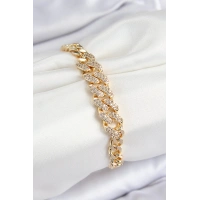 Pirinç Zirkon Taşlı Küba Zincir Model Gold Renk Kadın Bileklik