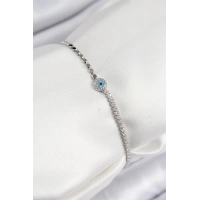 Pirinç Zirkon Taşlı Nazar Model Ezme Zincir Gümüş Renk Kadın Bileklik