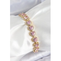 Pirinç Zirkon Taşlı Pembe Kalp Baget Model Gold Renk VIP Seri Kadın Bileklik