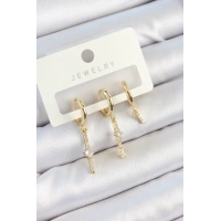 Pirinç Zirkon Taşlı Sallantılı Model Gold Renk 3lü Çift Kadın Küpe Set