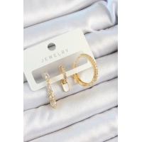 Pirinç Zirkon Taşlı Sallantılı Model Gold Renk 3lü Çift Kadın Küpe Set