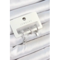 Pirinç Zirkon Taşlı Sallantılı Model Gümüş Renk 3lü Çift Kadın Küpe Set