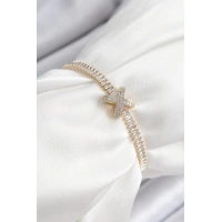 Pirinç Zirkon Taşlı X Detaylı Su Yolu Model Gold Renk Asansörlü Kadın Bileklik