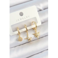 Pirinç Zirkon Taşlı Yıldız Model Gold Renk 3lü Çift Kadın Küpe Set