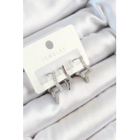 Pirinç Zirkon Taşlı Yıldız Model Gümüş Renk 3lü Çift Kadın Küpe Set