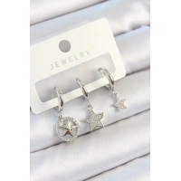 Pirinç Zirkon Taşlı Yıldız Model Gümüş Renk 3lü Çift Kadın Küpe Set