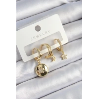 Pirinç Zirkon Taşlı Yıldız Ve Ay Model Gold Renk 3lü Çift Kadın Küpe Set