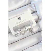 Pirinç Zirkon Taşlı Yıldız Ve Halka Model Gümüş Renk 3lü Çift Kadın Küpe Set