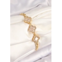 Pirinç Zirkon Taşlı Yonca Model Gold Renk Kadın Bileklik