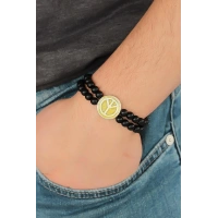 Sarı Metal Barış Simgesi Tasarımlı Siyah Renk Mat Oniks Doğal Taş Erkek Bileklik
