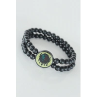 Sarı Renkli Metal Üzerine Osmanlı Arma Figürlü Siyah Renk Çift Sıra Doğal Taş Erkek Bileklik