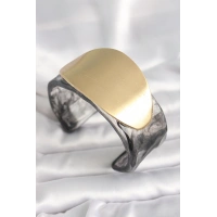 Siyah Mermer Desen Akrilik Plastik Gold Oval Plaka Model Vintage Kadın Bilezik