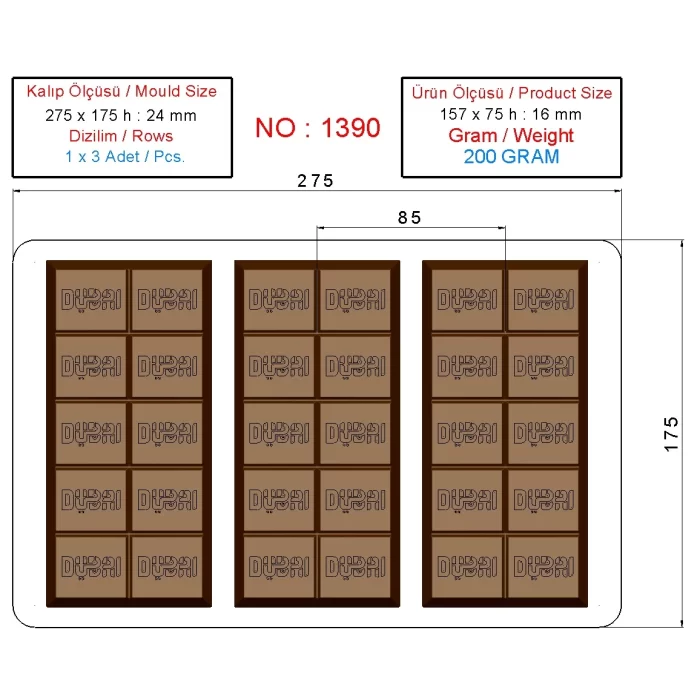 200 Gr. Polikarbon Tablet Çikolata Kalıbı - 1390 | Dubai Çikolata Kalıbı