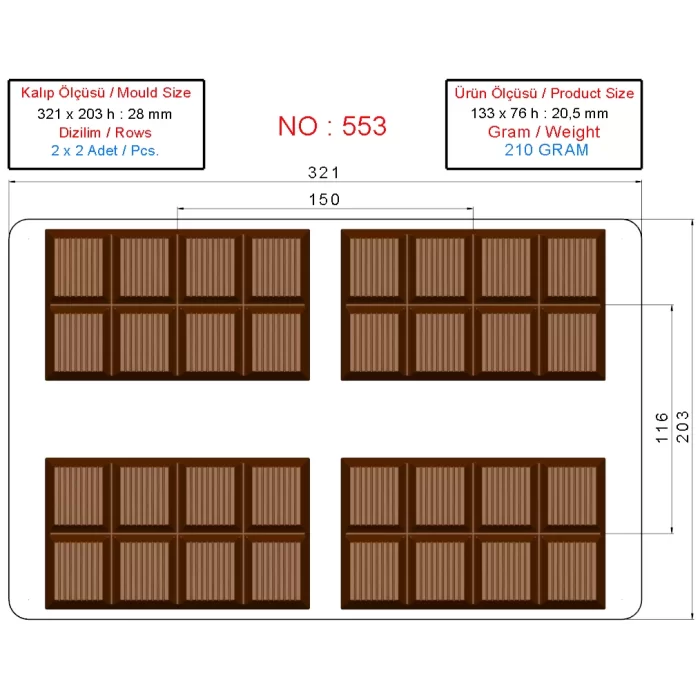 210 Gr. Polikarbon Tablet Çikolata Kalıbı - 0553 | Dubai Çikolata Kalıbı