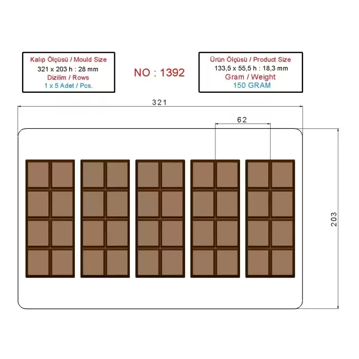 Polikarbon Dikdörtgen Çikolata Kalıbı 150.gr -1392 | Dubai Çikolata Kalıbı
