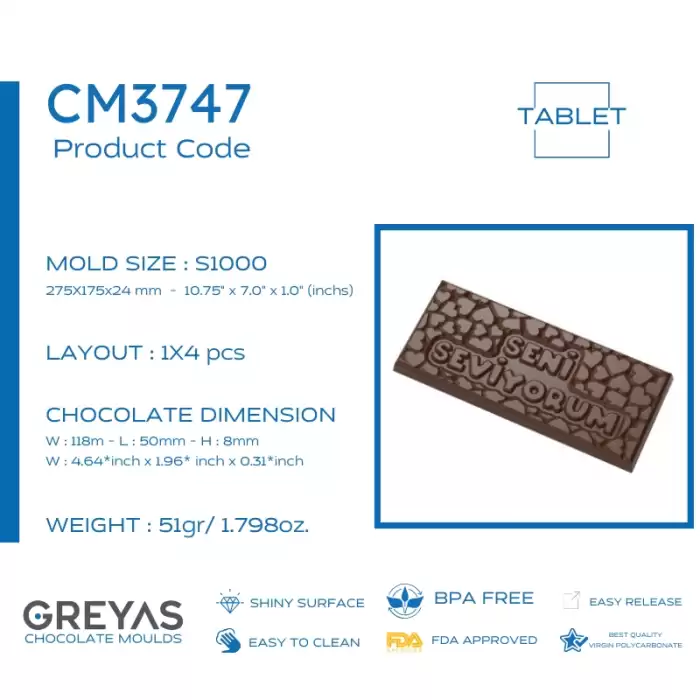 Polikarbon Tablet Çikolata Kalıbı 51 Gr. | Cm-3747