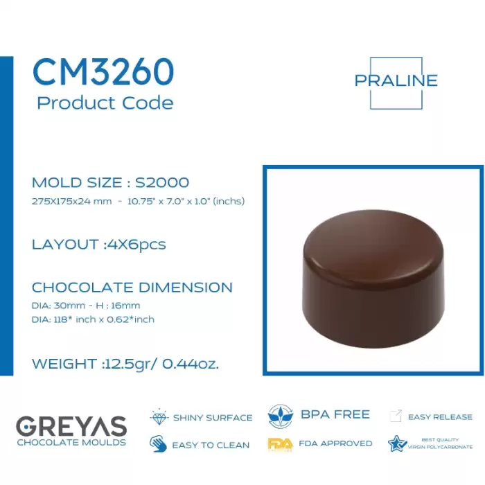 Polikarbon Yuvarlak Pralin Çikolata Kalıbı 12.5 gr | Cm-3260