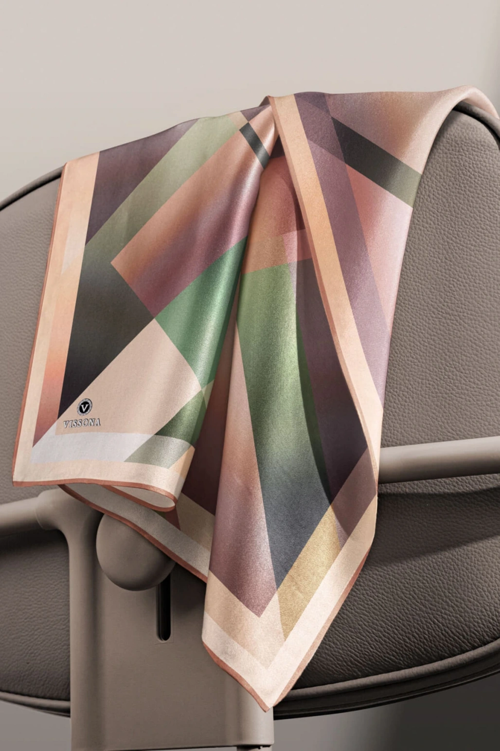 %100 Twill İpek Geometrik Desenli Bej - Haki Renkli 90x90 Eşarp Dikim Şekli : El Dikişi