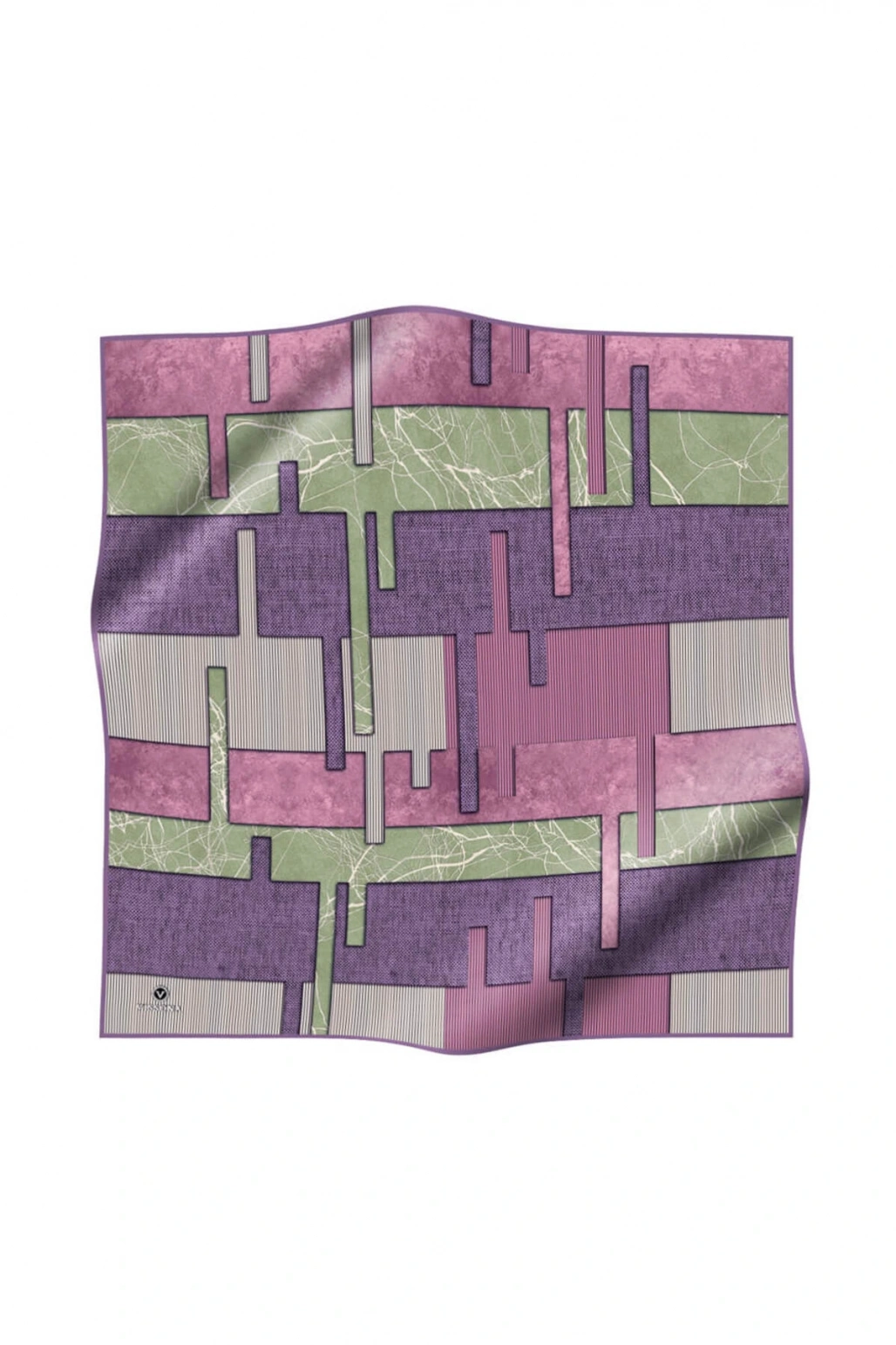 %100 Twill İpek Geometrik Desenli Lila Renkli 90x90 Eşarp Dikim Şekli : El Dikişi