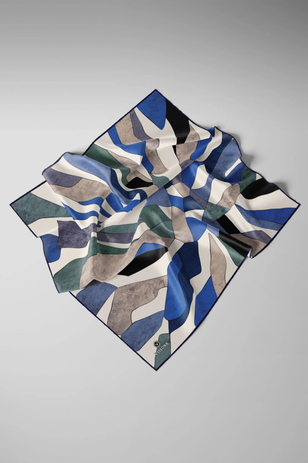 %100 Twill İpek Geometrik Desenli Mint Yeşili - Bej Renkli 90x90 Eşarp Dikim Şekli : El Dikişi