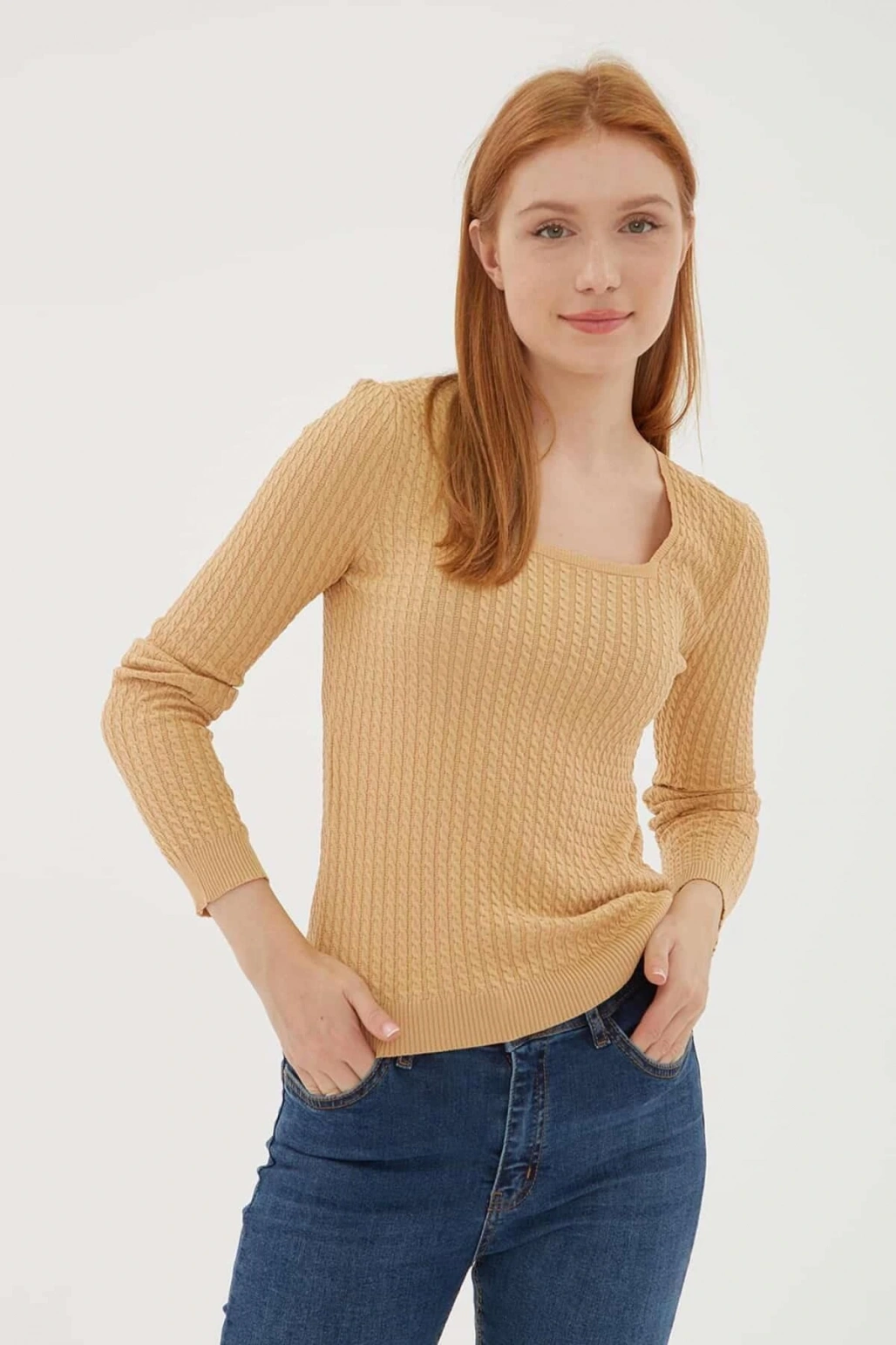 23k0405k1 Kadın Kare Yaka Saç Örgülü Kazak