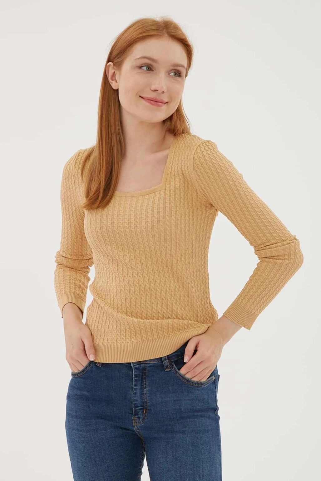 23k0405k1 Kadın Kare Yaka Saç Örgülü Kazak