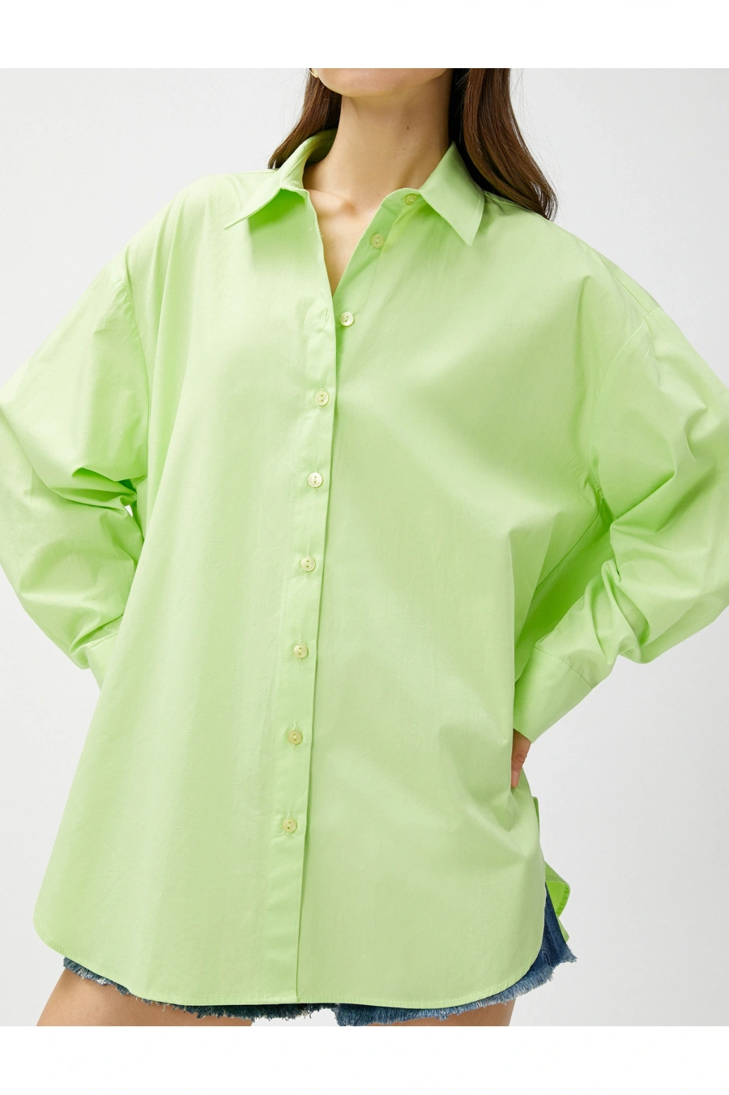 3sak60011pw 786 Yeşil Kadın Pamuk Woven Tops Gömlek