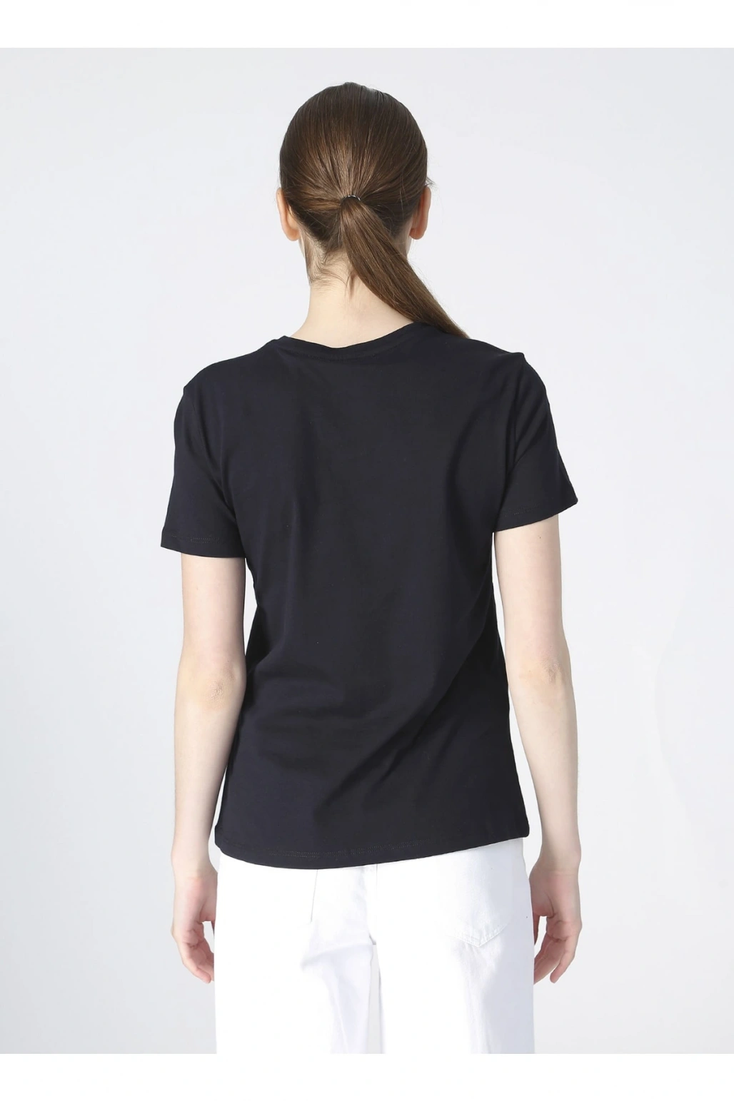 Kadın Baskılı Lacivert Bisiklet Yaka T-shirt