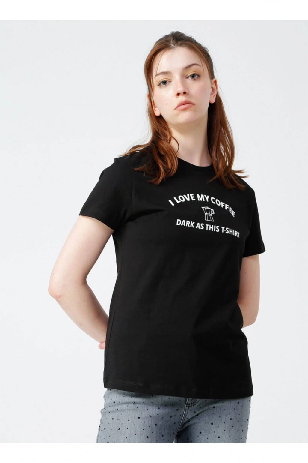 Siyah Bisiklet Yaka Baskılı T-shirt