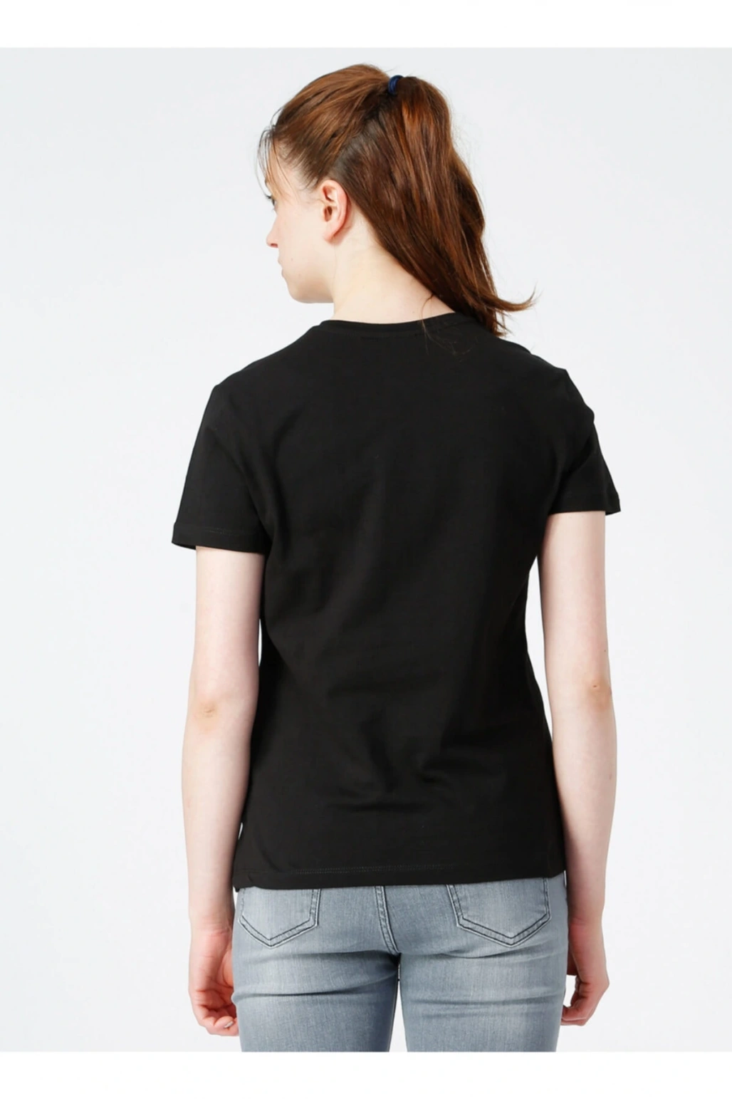 Siyah Bisiklet Yaka Baskılı T-shirt