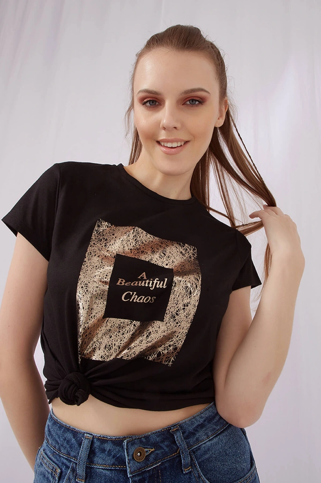 Bisiklet Yaka Kısa Kol Cepsiz Baskılı Siyah Kadın T-shirt