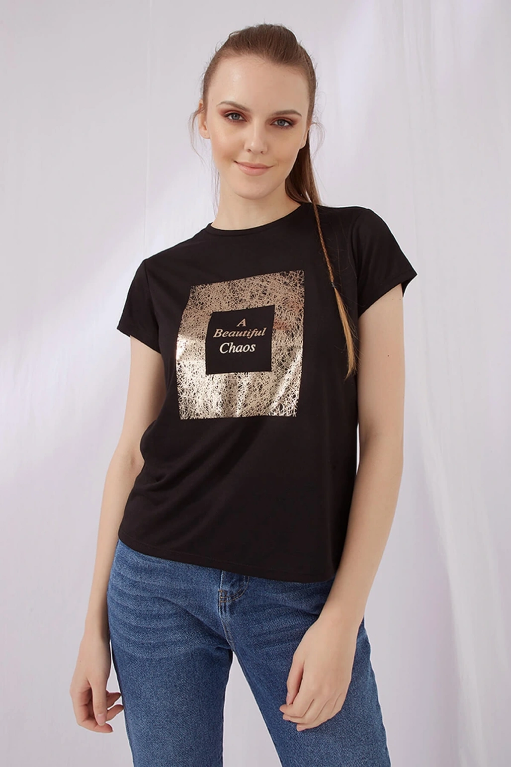 Bisiklet Yaka Kısa Kol Cepsiz Baskılı Siyah Kadın T-shirt