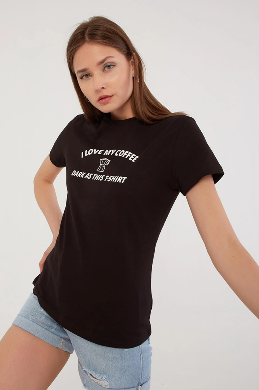 Siyah Bisiklet Yaka Baskılı T-shirt