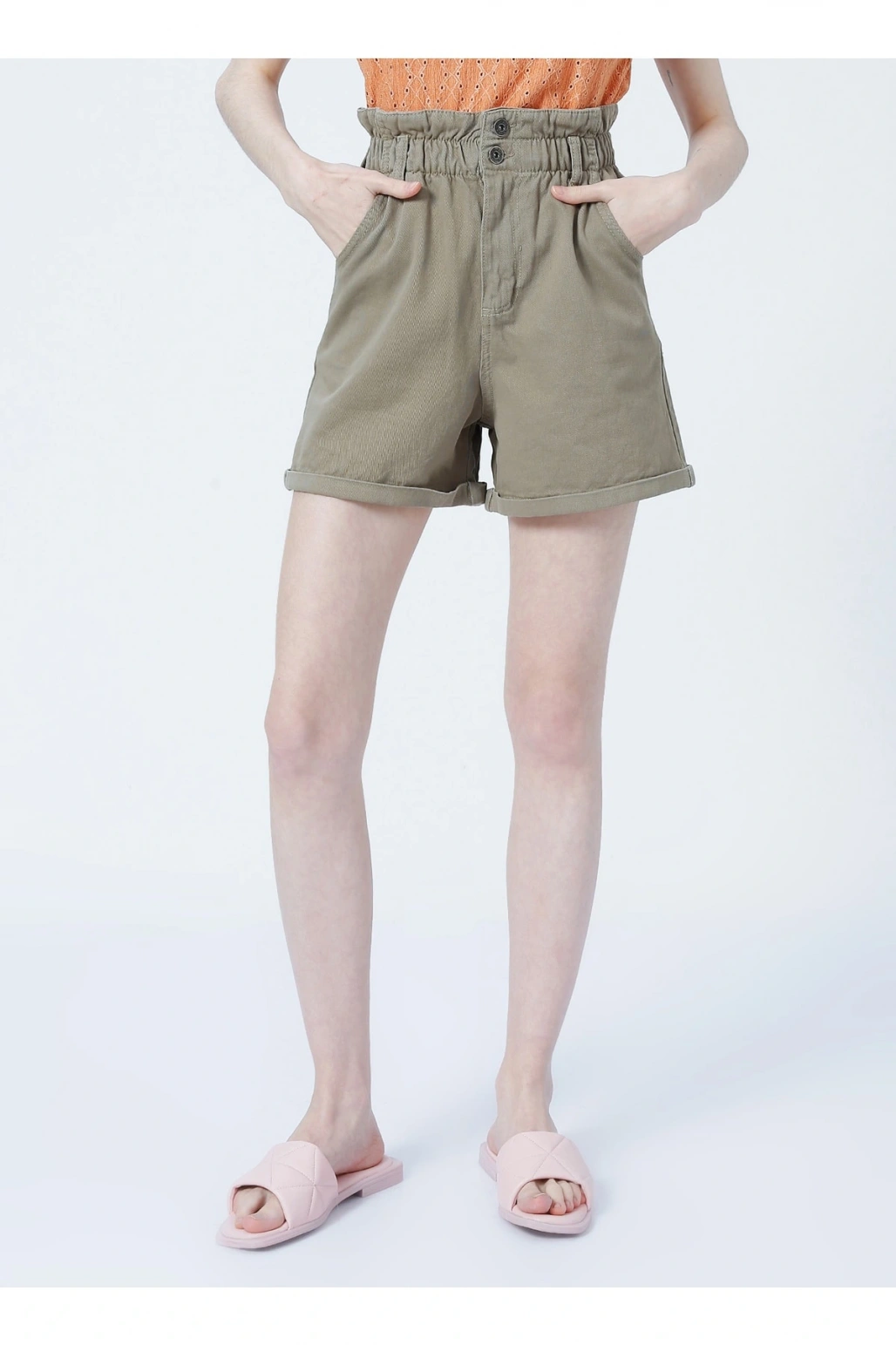 22y0542k1 Yüksek Bel Mom Fit Düz Haki Kadın Şort