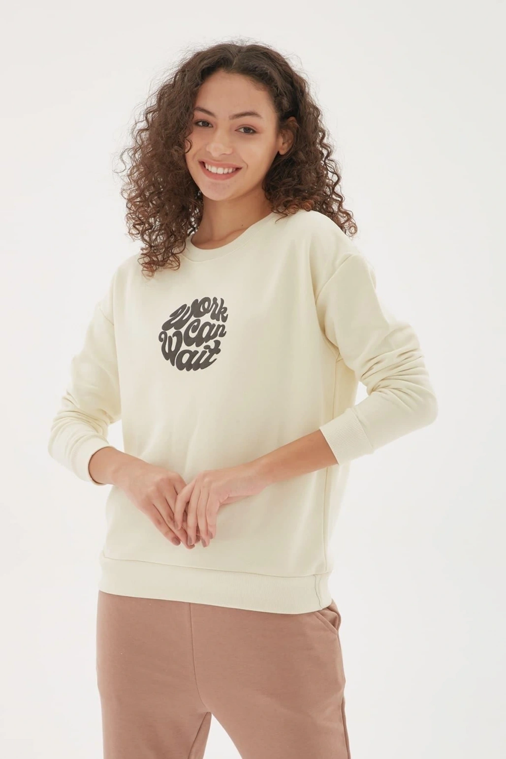 Baskılı Sweatshirt Ekru