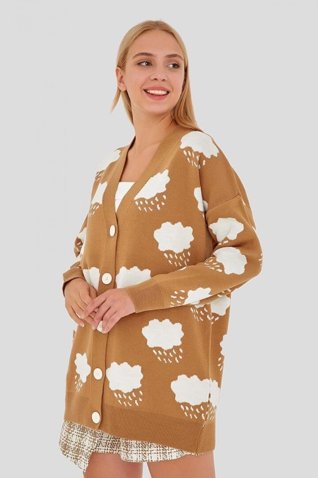 Bulut Desenli Hırka Vizon