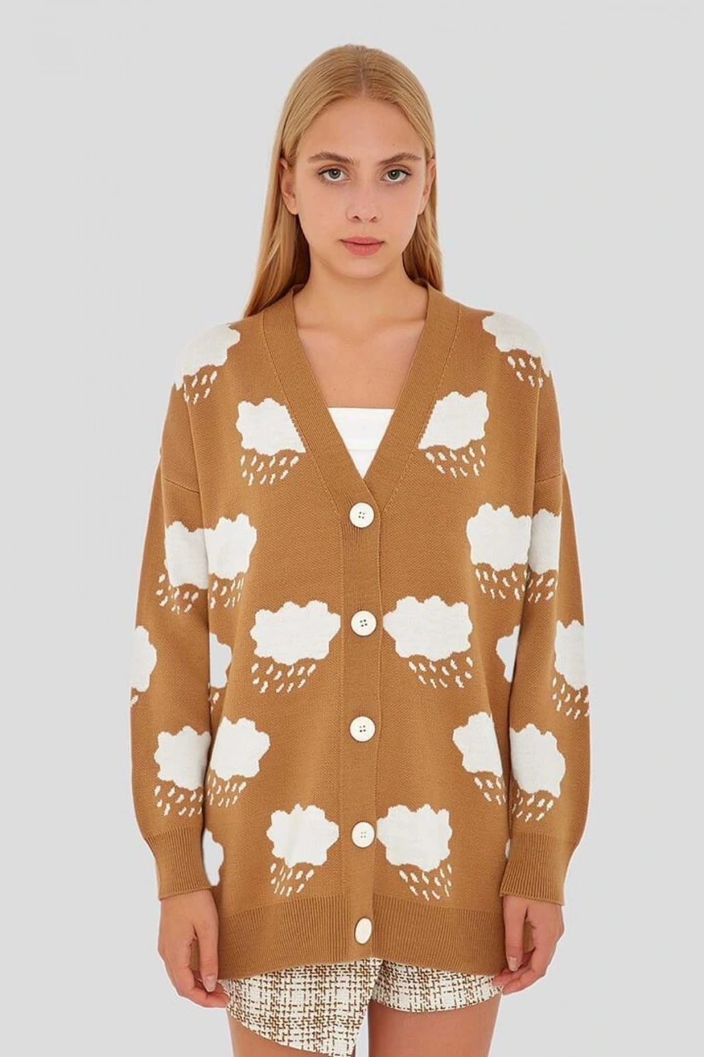 Bulut Desenli Hırka Vizon