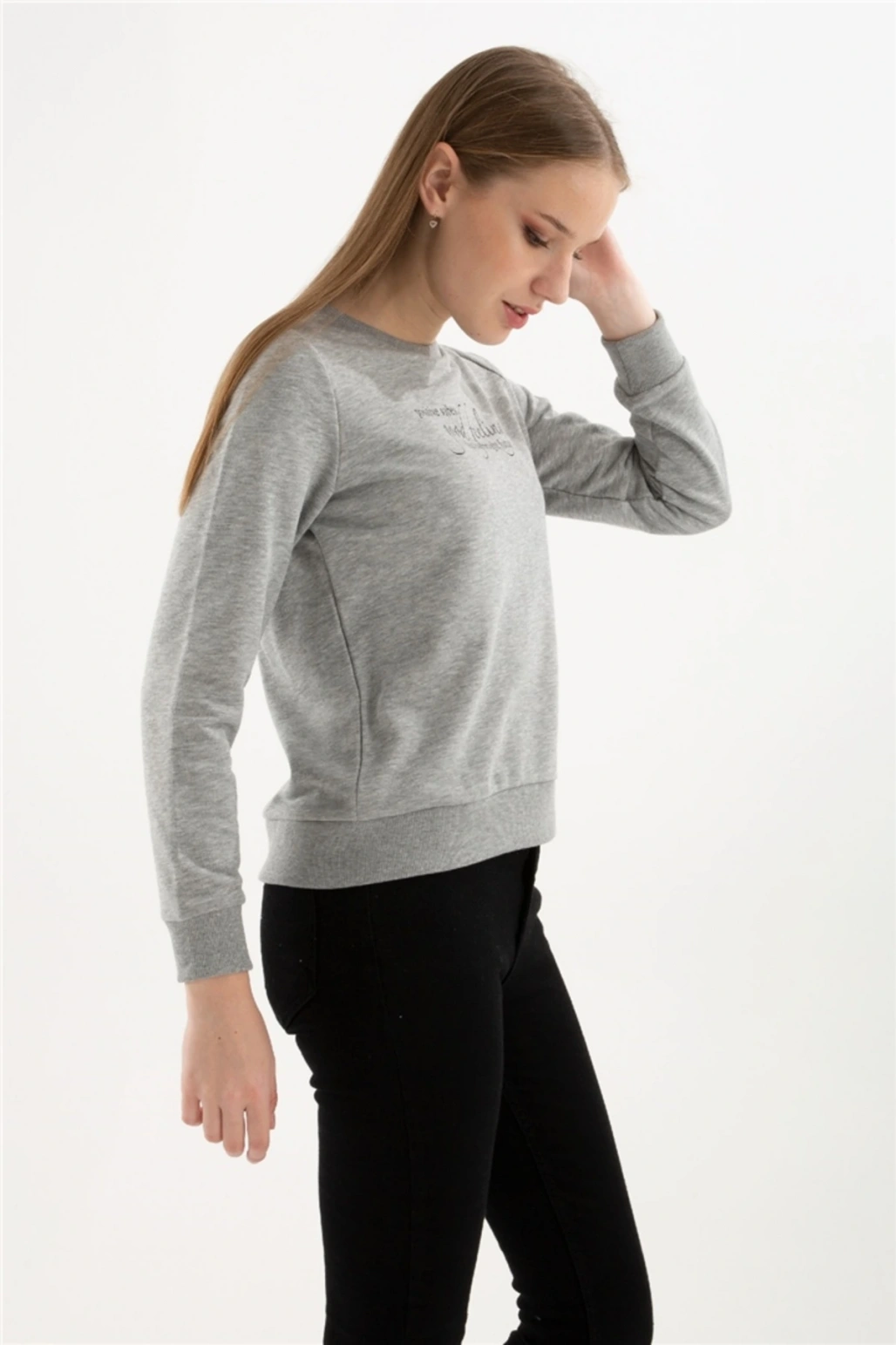 Baskılı Sweatshırt Gri Melanj / Grey Melange