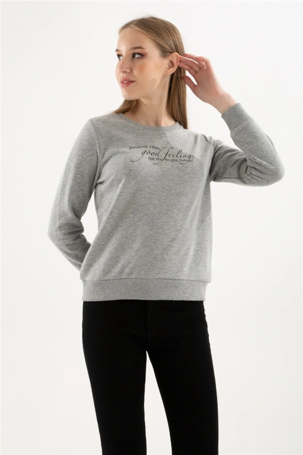 Baskılı Sweatshırt Gri Melanj / Grey Melange